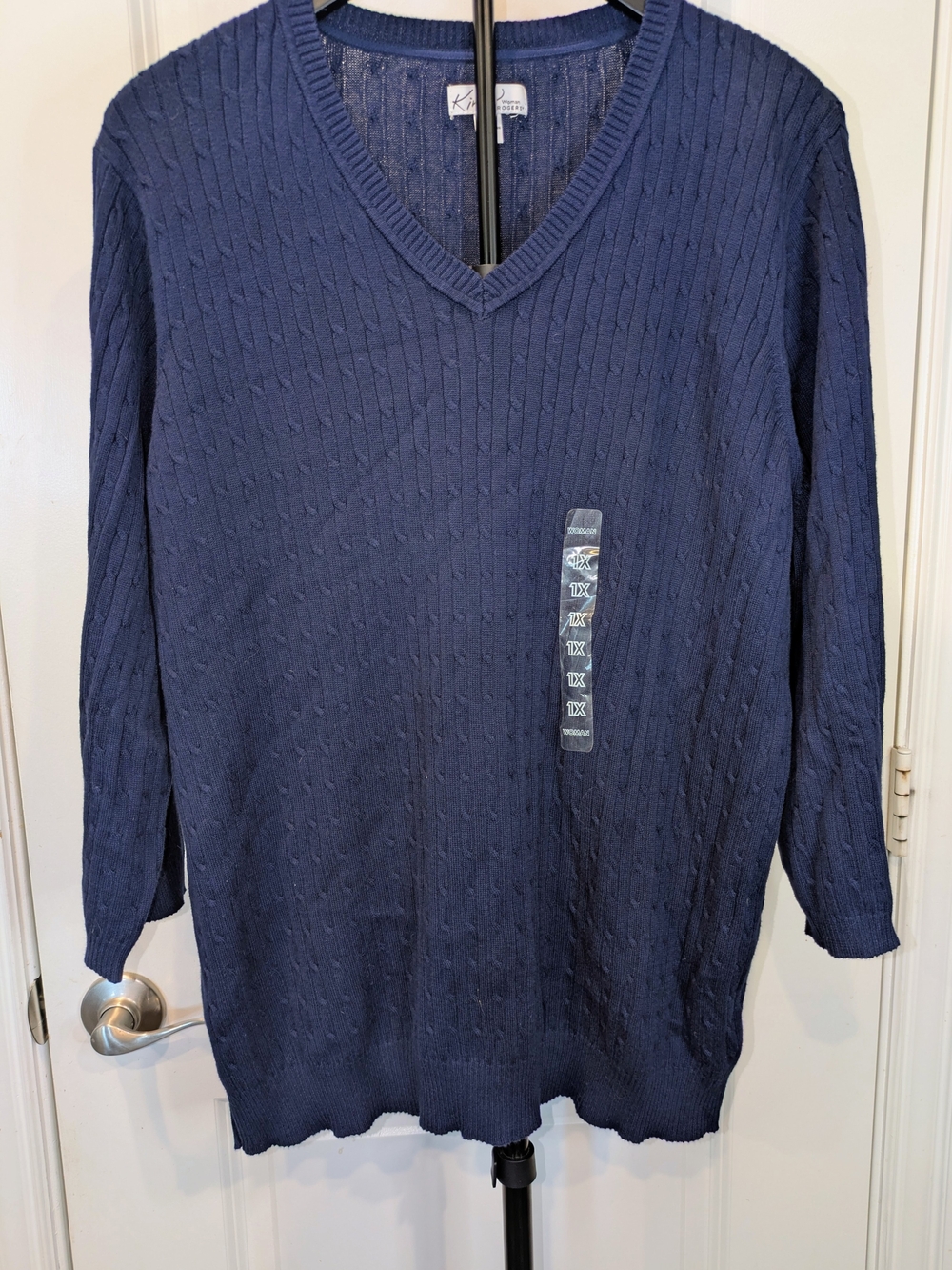 NWT Kim Rogers 1X Navy Blue Cable Knit V Neck Sweater 100% Cotton Plus Size